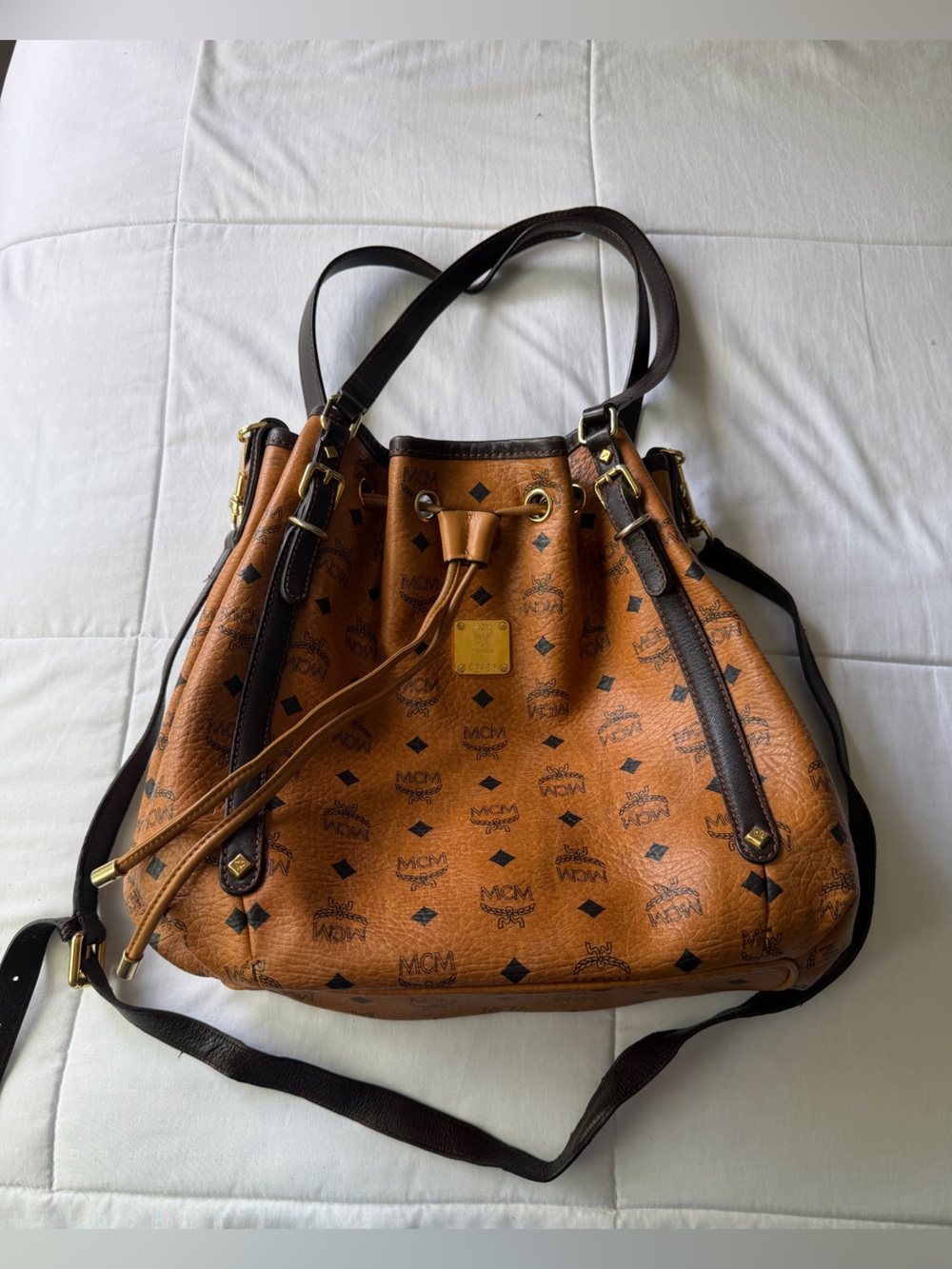 MCM Cognac Visetos Monogram Drawstring Tote with Dark Brown Trim Crossbody Bag